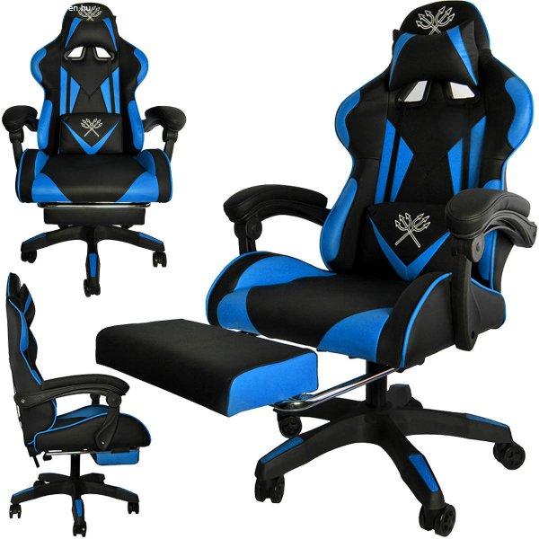 Gamer szék nyak-, és derékpárnával - kihúzható lábtartóval,
magasságállítással - 124 x 63 x 63 cm, kék-fekete (BB-8978)