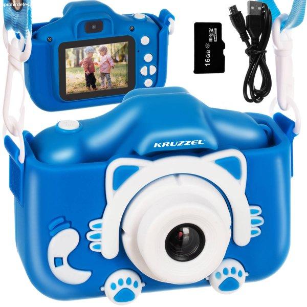 Digitális gyerek fényképezőgép cicás tokkal, levehető pánttal és 5
játékkal -16 GB micro SD, kék (BB-16952)