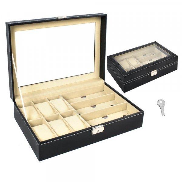 Zárható, elegáns ékszertartó doboz átlátszó fedéllel - szemüveg és
karóra tartó - 9 rekesszel, fekete (BB-8497)