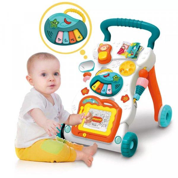 Multifunkciós, zenélő, járássegítő játék kivehető babazongorával,
rajztáblával és játék telefonnal vidám színekben (BBJ)