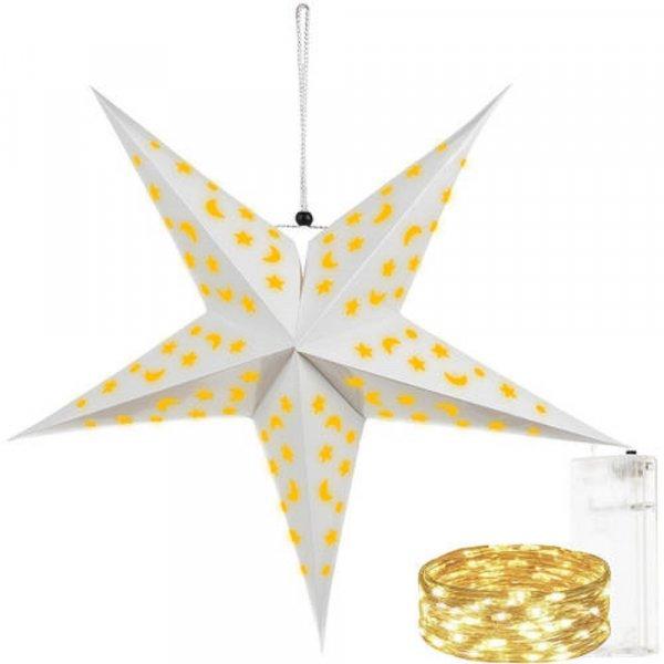 3D-s LED csillag dekoráció papírból - csillagokkal, holdakkal díszítve,
fehér szín (BB-20076)