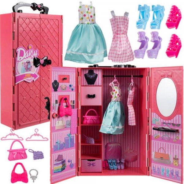 Összecsukható, hordozható ruhásszekrény babaházba - akasztókkal,
ruhákkal, táskákkal, cipőkkel, rózsaszín szín (BB-20585)