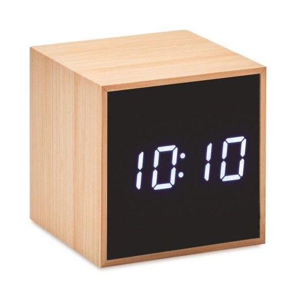 Digitális óra és ébresztőóra bambusz kerettel - 6x6x6 cm (BBV)