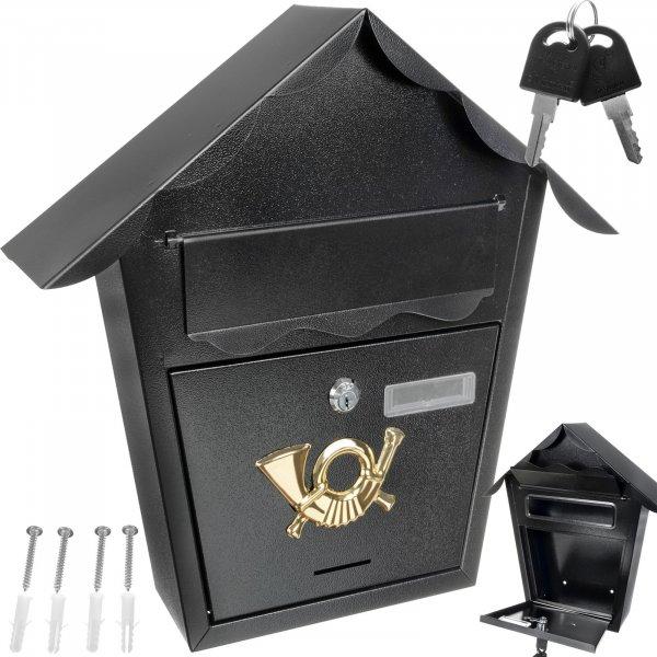 Fekete színű, háztető alakú acél postaláda - két kulccsal (BB-12328)