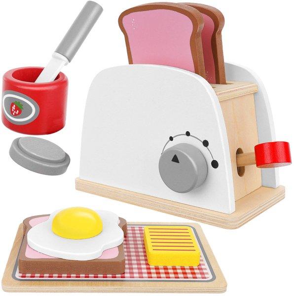 Fából készült játék kenyérpirító kis szakácsoknak - kenyér
szeletekkel, vajazókéssel, lekvárral és további kiegészítőkkel - 8 db-os
készlet (BB-11227)