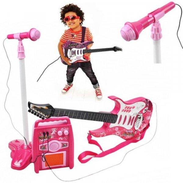 Rock'n'Roll gitár mikrofon+állvány erősítő készlet - Pink (BB-4709)
