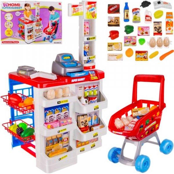 XXL szupermarket játék készlet árleolvasóval, pénztárgéppel,
bevásárlókocsival, élelmiszerekkel (BB-6747)