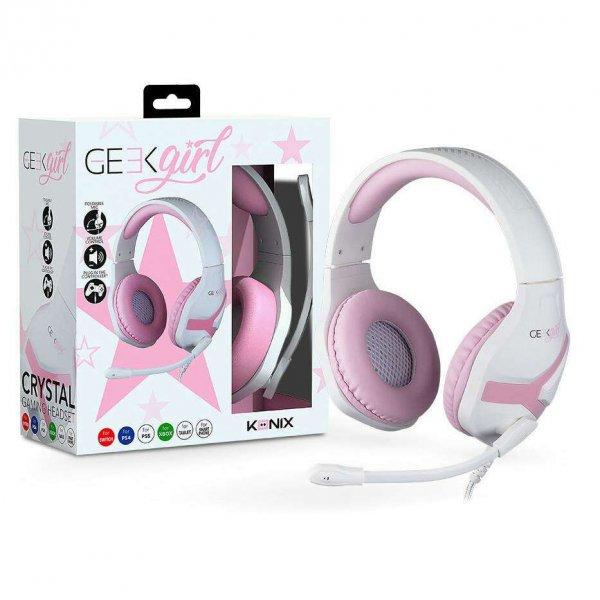 KONIX GEEK GIRL CRYSTAL PLAYSTATION 4 gamer headset / fejhallgató - FEHÉR /
RÓZSASZÍN - 3,5mm Jack, mikrofon, 40mm-es hangszórók - GYÁRI