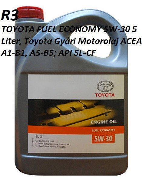 TOYOTA FUEL ECONOMY 5W-30 5 Liter, Toyota Gyári Motorolaj ACEA A1-B1, A5-B5;
API SL-CF