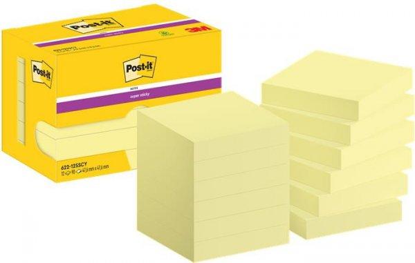 Öntapadó jegyzettömb csomag, 48x48 mm, 12x90 lap, 3M POSTIT "Super
Sticky", sárga