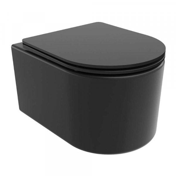 Noa Black perem nélküli mély öblítésű fekete fali WC slim tetővel