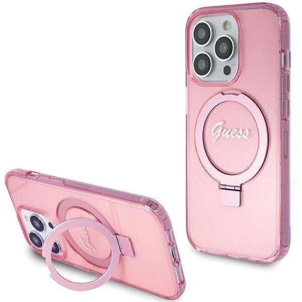 Guess Ring Stand Script Glitter MagSafe tok iPhone 15 Pro - rózsaszín