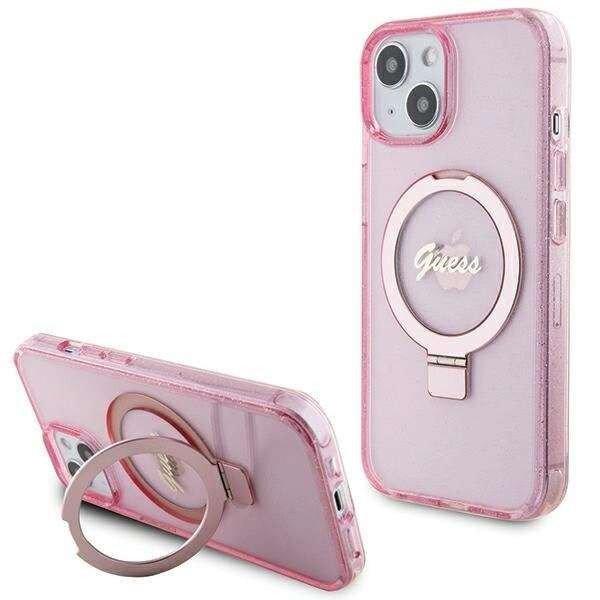 Guess Ring Stand Script Glitter MagSafe tok iPhone 15 Plus / 14 Plus -
rózsaszín