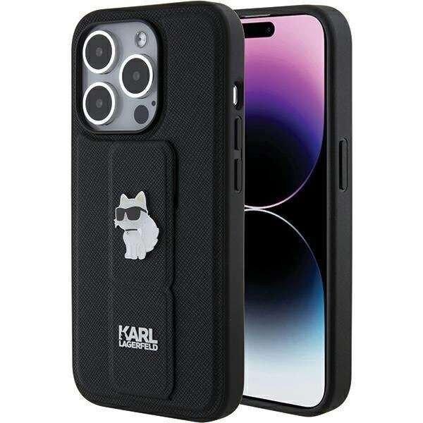 Karl Lagerfeld Gripstand Saffiano Choupette Pins tok iPhone 15 Pro - fekete
