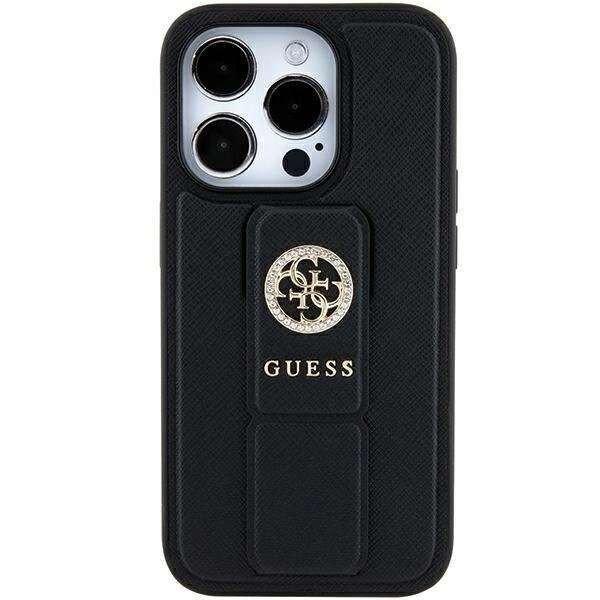 Guess Grip Stand 4G Saffiano Strass tok iPhone 15 - fekete