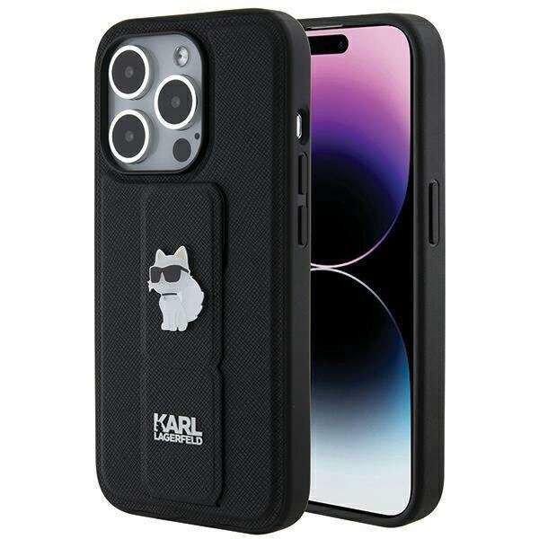 Karl Lagerfeld Gripstand Saffiano Choupette Pins tok iPhone 14 Pro - fekete