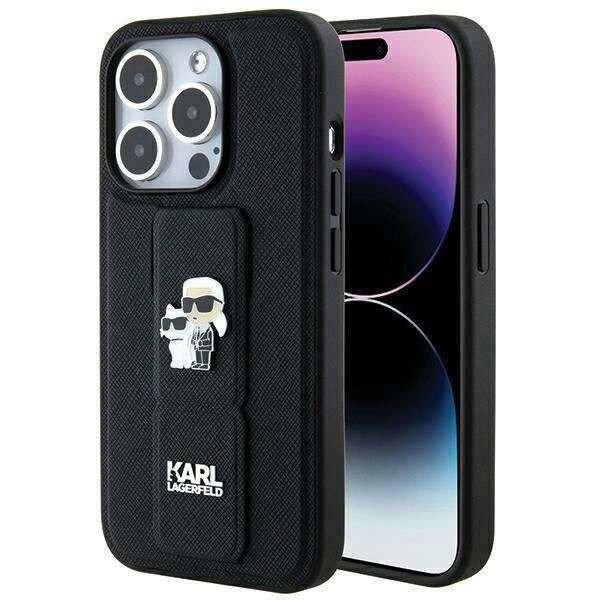 Karl Lagerfeld Gripstand Saffiano Karl&Choupette Pins tok iPhone 14 Pro - fekete