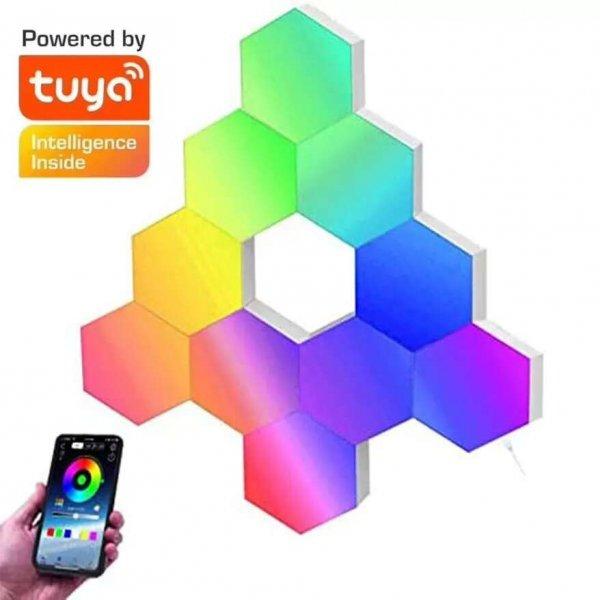 RSH® QG10 - Okos Hexagon színes (RGB) fali lámpa - 10 db-os, Applikációs +
távirányítós irányítás, hatszög alakú, RGB színskála, falra
ragasztható