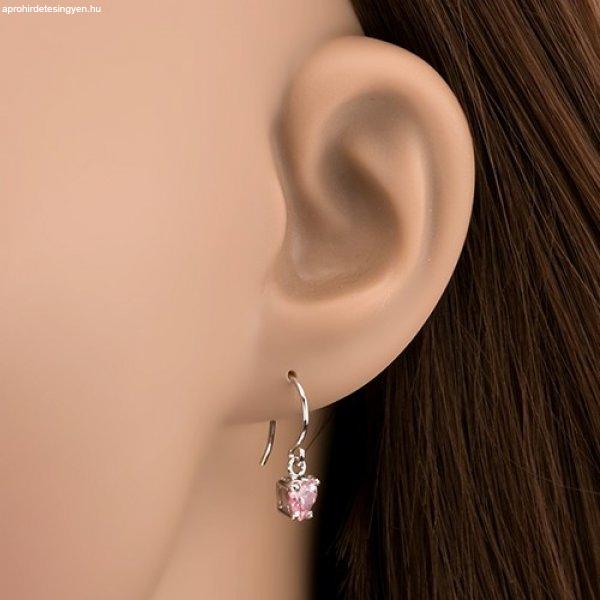 925 ezüst fülbevaló - rózsaszínű cirkonszívek kampón, 5 mm
