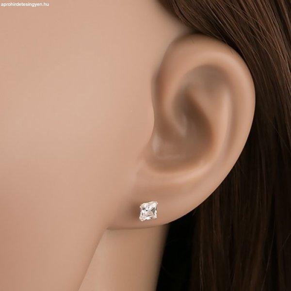 Beszúrós fülbevaló, 925 ezüst, átlátszó cirkóniás négyzet, 4 mm