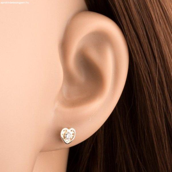 Kétszínű fülbevaló 14K aranyból - szív apró kivágásokkal és
átlátszó cirkóniával