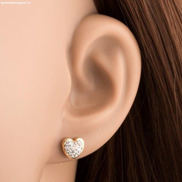 14K sárga arany fülbevaló - csillogó szív, átlátszó Swarovski
kristályok
