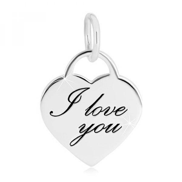 925 ezüst medál - szív alakú lakat, finoman gravírozott "I love
you" felirat