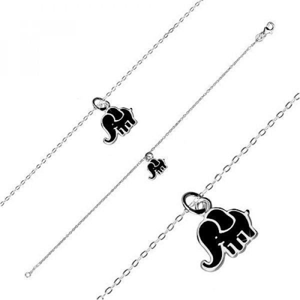 925 ezüst karkötő - fényes lánc, fekete zománc elefánt