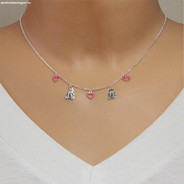 925 ezüst nyaklánc gyerekeknek - szívkörvonalak rózsaszín fénymázzal és
fényes macik