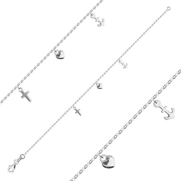 925 Ezüst karkötő - ovális láncszemek, medálok - SZÍV,HORGONY, KERESZT