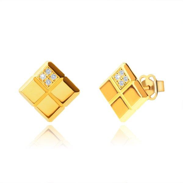 9K sárga arany fülbevaló - négyzet alakú, rácsmintás, tiszta cirkonok,
fülbevaló, stekker zár
