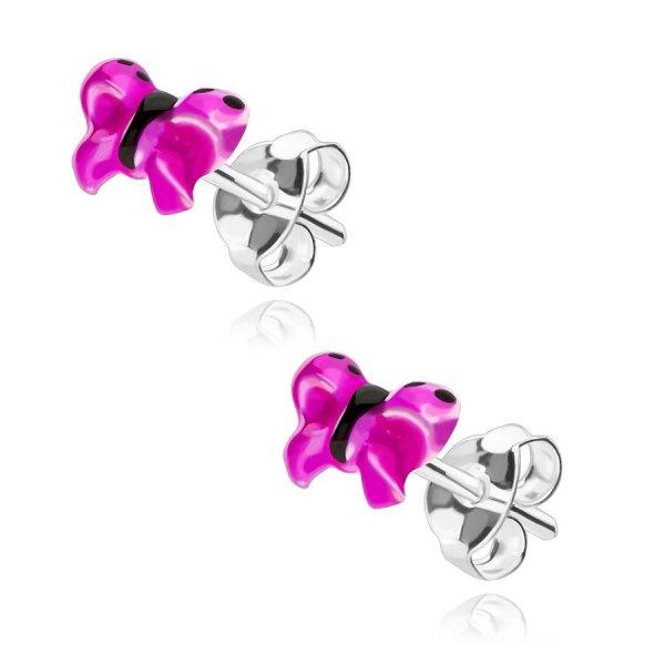 925 Ezüst fülbevaló - rózsaszín-lila mázzal díszített pillangók,
stekkeres zárral