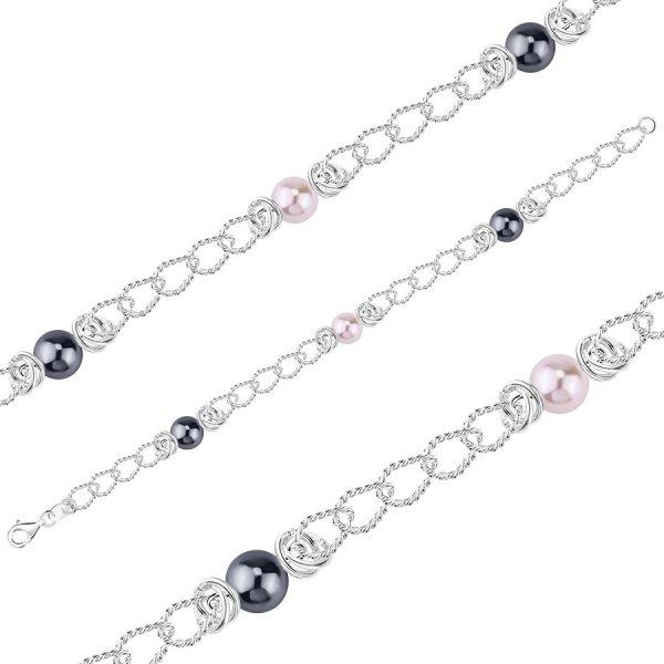  925 ezüst karkötő - könnycsepp alakú láncszemekkel, rózsaszín és két
sötétszürke szintetikus gyönggyel