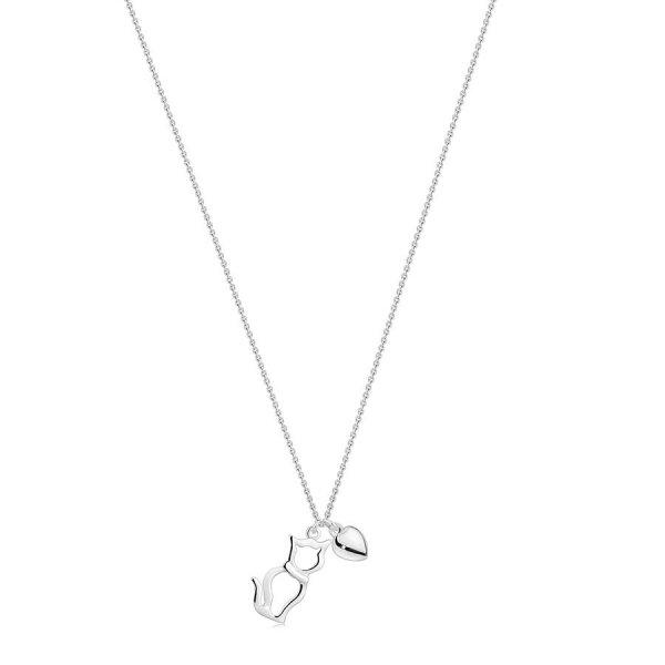 925 Ezüst nyaklánc – ülő macska körvonal, sima szív, vékony lánc