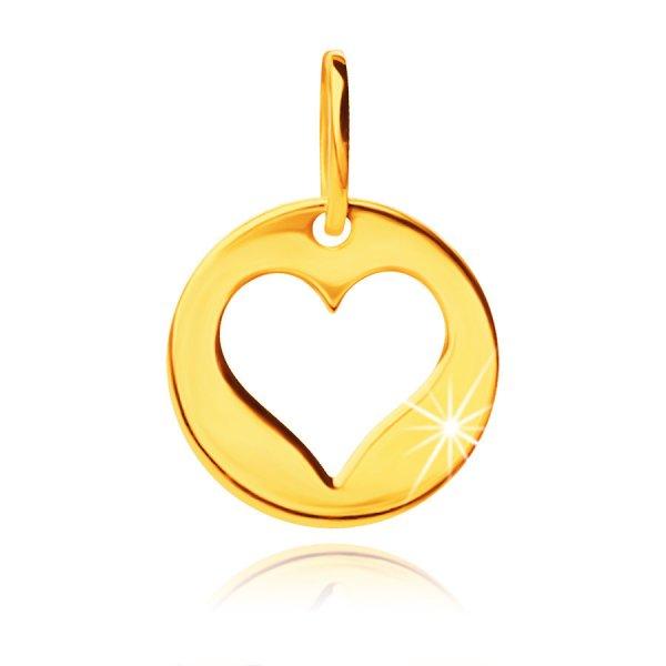 9K sárga arany medál - fényes kör szív kivágással 