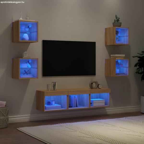 7 darab füstös tölgy színű szerelt fa TV-bútor LED-del