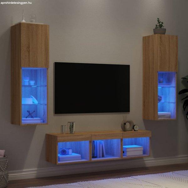 5 darab füstös tölgy színű szerelt fa TV-bútor LED-del