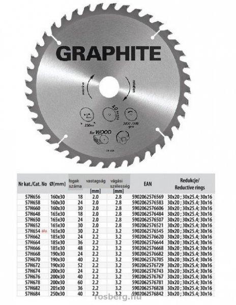 GRAPHITE körfűrészlap 160x30 x 2,8/2 Z30 57H660 (3 db szűkítőgyűrűvel
20, 25.4, 16-ra)
