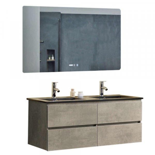 HD Hongkong Duo Loft Beton 120 komplett fürdőszoba bútor fali
mosdószekrénnyel, dupla fekete slim mosdóval és tükörrel
