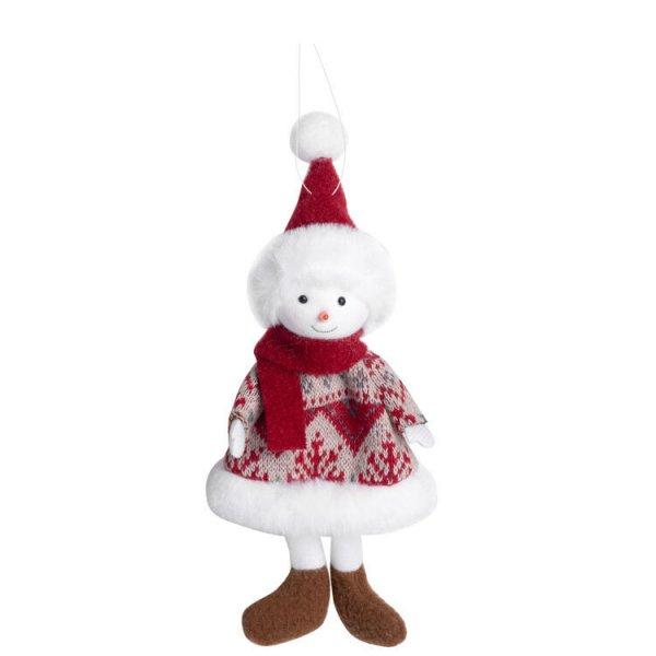 Karácsonyi dekoráció (hóember kötött ruhában, bordó sállal)