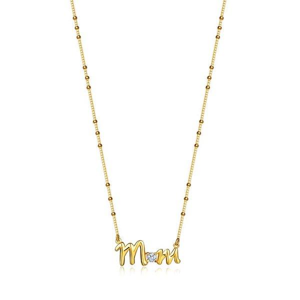 925 Ezüst nyaklánc – arany színű, „Mom” felirattal, kerek cirkónia,
lánc gyöngyökkel,aranyozott