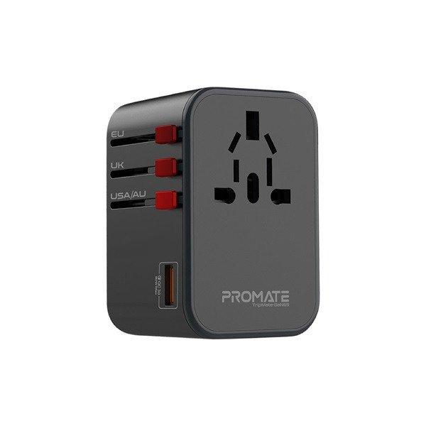 Promate Univerzális adapter - TRIPMATE GAN65 (1xUSB-A, 2xUSB-C, 65W PD, QC3.0,
US/UK/EU dugó, fekete)