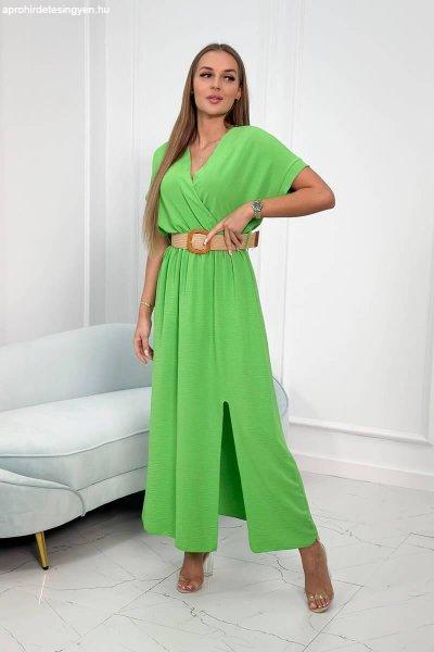 Hosszú ruha dekoratív övvel és hasítékkal, modell 6012F zöld