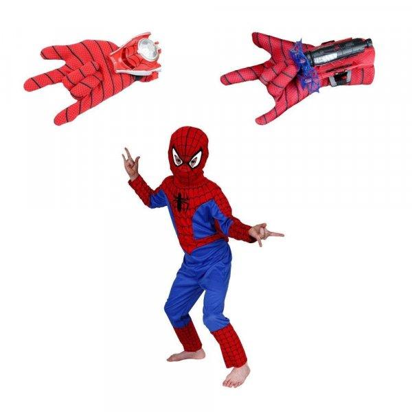 Pókember jelmez készlet és két kilövő műanyag korongokkal és
tapadókorongokkal 7-9 éves gyerekeknek 120-130 cm-es méretben