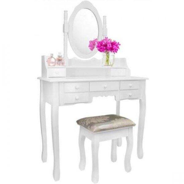WC asztal, fehér, tükörrel és zsámollyal, 90x40x146 cm, Vintage