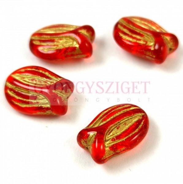 Cseh üveg gyöngy - hosszában fúrt tulipán alakú - Red Magma Gold - 16x11mm