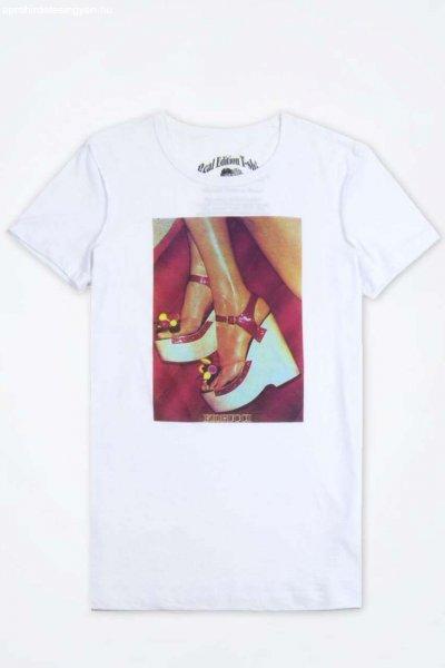 Női Vintage/Retro Image Print Top pamut rövid ujjú póló, fehér, 2XS-XS