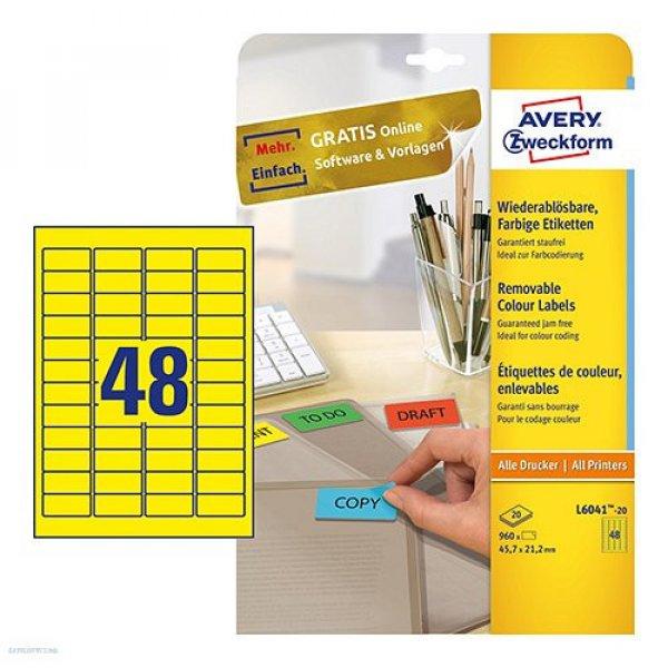 Etikett címke speciális L6041-20 visszaszedhető sárga 45,7 x 21,2 mm 20 ív
Avery