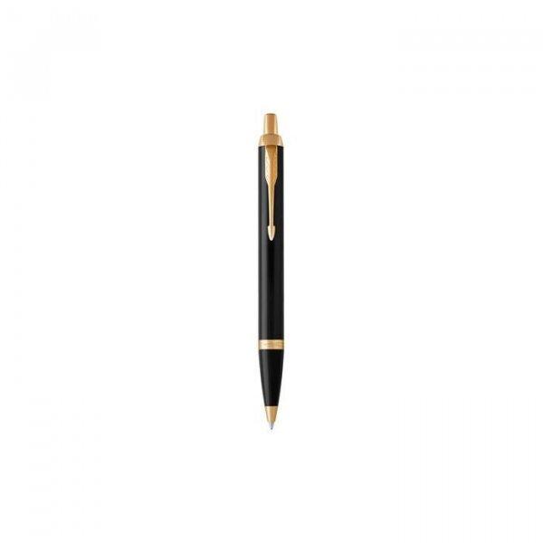 Golyóstoll, nyomógombos, arany színű klip, fekete tolltest, PARKER,
"Royal IM", kék