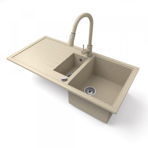 Gránit mosogató - Nero Solarys + kihúzható zuhanyfejes Snake csaptelep +
dugókiemelő (bézs)